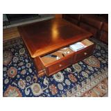Square coffee table by Hammary by Lazy Boy Company.  Drawer pushes all the way through; it measures 
