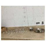 Two Leonard Silver serving dishes 24 silver-rimmed glassesBOX OF MUGS - KITCHEN   UTENSILS