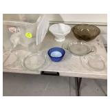 Assorted Pyrex and milk glass dishes vasesVINTAGE TRUNK - HOUSEHOLD MISC