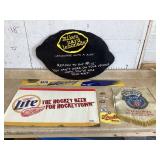 TIN METAL PLASTIC SIGNS BEER POP CIGARETTE MIRRORSGlass decanter pitcher 4 rocks glasses