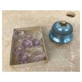 Old glass salt wells blue aluminum powder puff music box