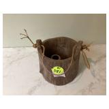 Hand-carved wooden bucket with cup