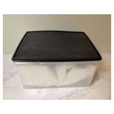 Vintage curtain panels with hooks in container