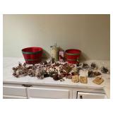 2 RED GREEN BASKETS WITH ORNAMENTS