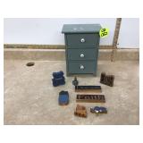 Small wooden doll dresser with 3 drawers and decorative wooden words