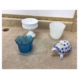 Two milk glass pieces turtle trinket dish Yutac sugar