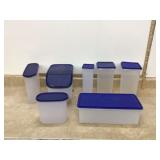 Various blue Tupperware containers