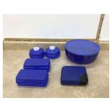 Two blue Tupperware salad bowls CD case etc