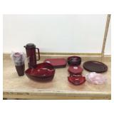 Set of red Tupperware items for serving and entertaining
