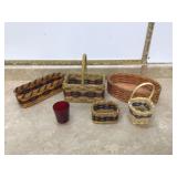 MISC BASKETS AND GLASS CANDLE HOLDER