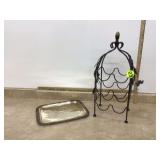Metal serving tray and holder for wine bottles