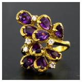 18kt Gold Antique Natural Amethyst & Diamond Ring