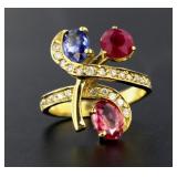14kt Gold Pink-Blue Sapphire/Ruby - Diamond Ring