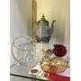 ANTIQUE PEWTER GRANITE TEAPOT & ASSORTED GLASS