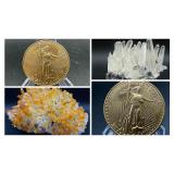 Gold & Silver Coins, Quartz Crystal Clusters