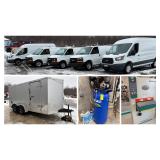(3) Chevy Express Work Vans, (2) Ford Transit Vans, 14&rsquo; Enclosed Trailer, Grizzly Industrial Woodworking Tools, Loads Of Power Tools, Etc.
