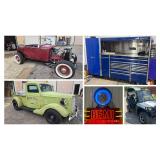 '30 Roadster, '36 Ford Custom Truck, '36 Airstream, Snap On Toolboxes, '12 Polaris Razor, '73 Harley X90, '41 Lincoln Zephyr, Enclosed Trailer, Neon Signs, Tools
