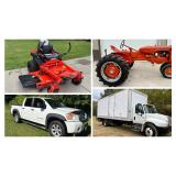 Ariens Zero Turn Mower, Kubota Wheel Loader, International Box Truck Nissan & Ford Trucks, Cargo Trailer, Collector Tractors, Construction Tools