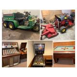 JD Gator AMT 626, Yazoo Mower, Quality Furniture, Pinball Machine, Jukebox, Many Tools, Many Early Bicycles, Bumper Pool Table, Old Orchard Signs, Much More