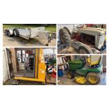 Ford NAA Jubilee Tractor, 3pt. Equipment, R & R Trailers Aluminum Tandem Axle Car Hauler Trailer, Tools, Golf Cart