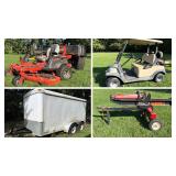 Club Car Golf Cart, Zero Turn Mower, Log Splitter, Woodworking Tools, Cargo Trailer, Tools