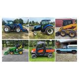 
	New Holland TS6-120 4X4 Loader Tractor W/ Cab, New Holland PowerStar 75 Cab Tractor, Cat 242B3 Skid Steer Loader, John Deere 1025R 4X4 Loader Tractor, Kubota X1100C 4X4 RTV, Ford F-250 Diesel Truck 